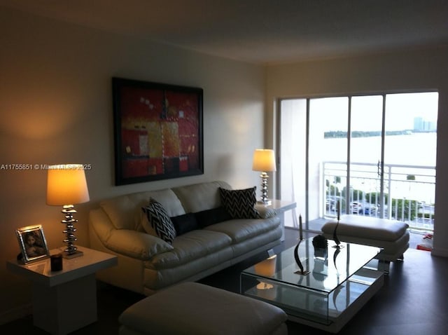 living area with a water view