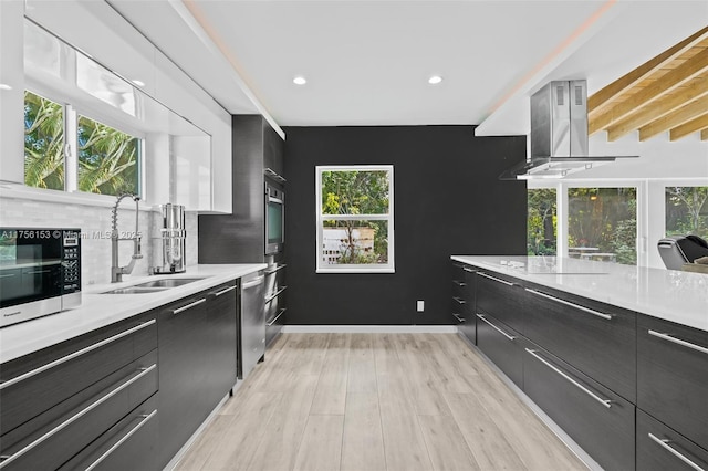 kitchen with dark cabinets, island range hood, stainless steel appliances, a sink, and modern cabinets