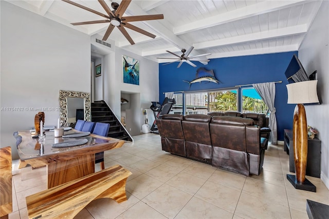 2413 Sugarloaf Ln, Fort Lauderdale, FL 33312 - living area featuring beam ceiling, stairs, a ceiling fan, light tile patterned floors, and visible vents
