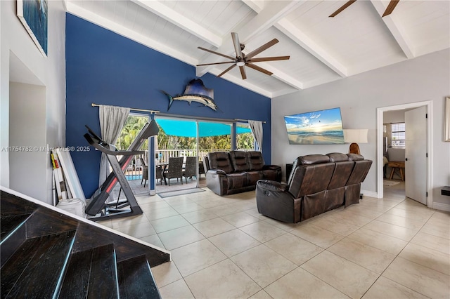 2413 Sugarloaf Ln, Fort Lauderdale, FL 33312 - living room with tile patterned flooring, ceiling fan, beam ceiling, and high vaulted ceiling