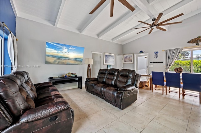 2413 Sugarloaf Ln, Fort Lauderdale, FL 33312 - living area featuring light tile patterned floors, ceiling fan, and vaulted ceiling with beams