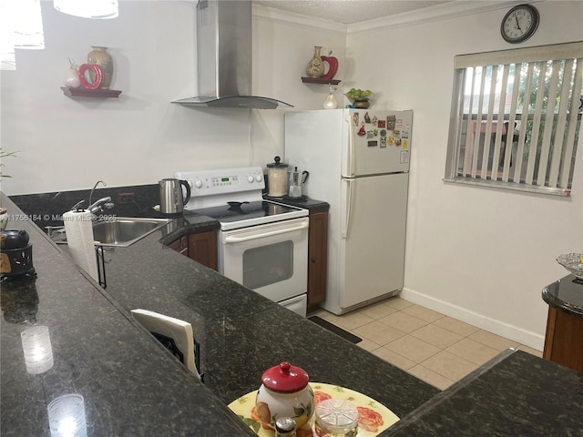 kitchen featuring light tile patterned floors, white appliances, a sink, wall chimney exhaust hood, and crown molding