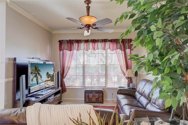 7800 NW 29th St, Margate, FL 33063 - living area with a ceiling fan, crown molding, baseboards, and a textured ceiling