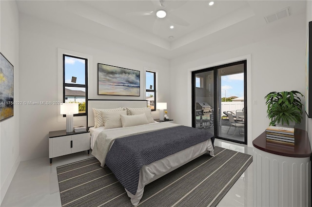 bedroom with recessed lighting, a ceiling fan, visible vents, access to exterior, and a raised ceiling