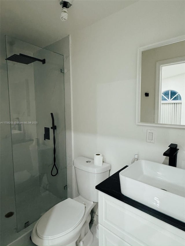 full bath featuring toilet, a shower stall, and vanity