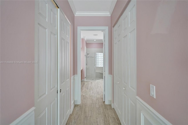 corridor featuring light wood finished floors and ornamental molding