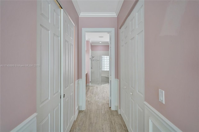 corridor featuring light wood-style floors and crown molding