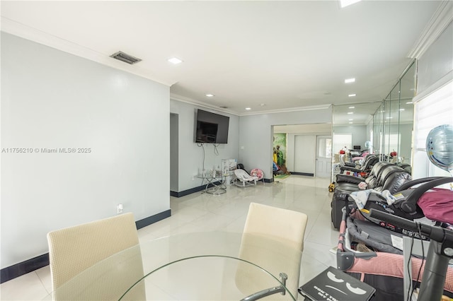 7385 SW 19th St Rd, Miami, FL 33155 - interior space featuring light tile patterned floors, baseboards, visible vents, recessed lighting, and crown molding