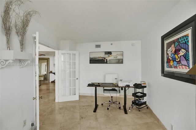 office with french doors, visible vents, and baseboards