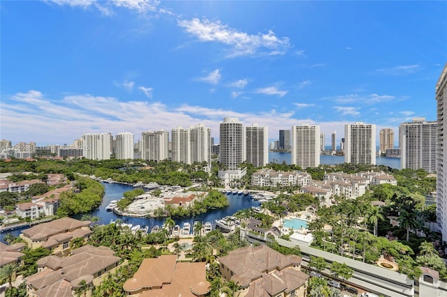 aerial view with a water view and a city view