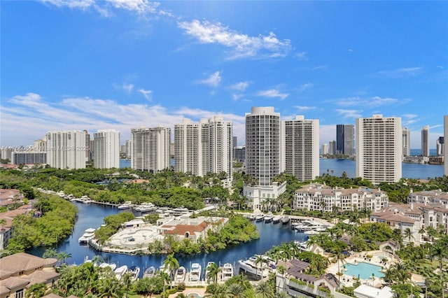 drone / aerial view featuring a water view and a city view