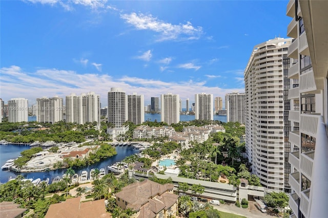 property's view of city featuring a water view