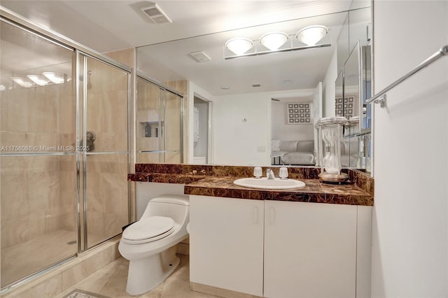 ensuite bathroom with a stall shower, toilet, ensuite bath, tile patterned floors, and vanity