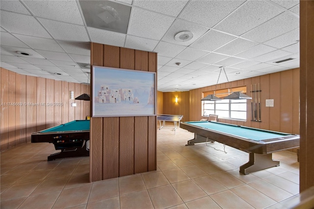 playroom featuring a paneled ceiling, billiards, wooden walls, and tile patterned floors