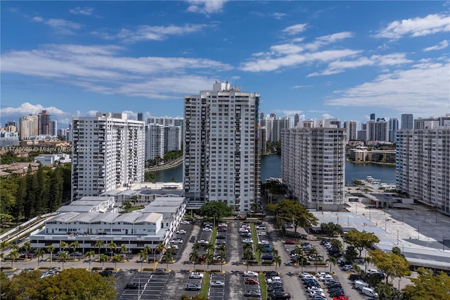 aerial view with a city view and a water view