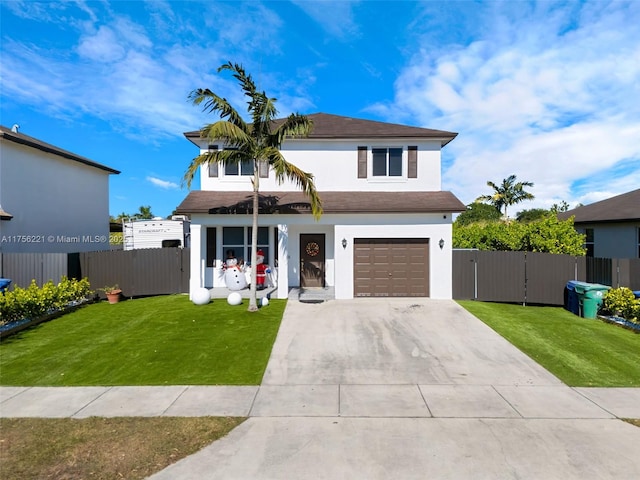 view of front of home with a garage, a gate, fence, and a front lawn