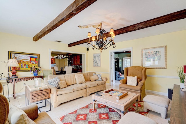 living room with light tile patterned floors, beamed ceiling, an inviting chandelier, and visible vents