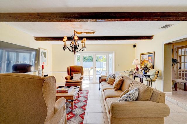 living area with light tile patterned floors, visible vents, beamed ceiling, and french doors