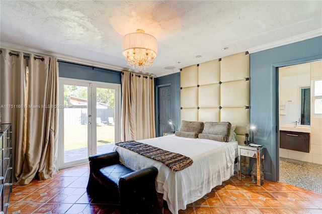 bedroom featuring a textured ceiling, french doors, crown molding, tile patterned flooring, and access to exterior