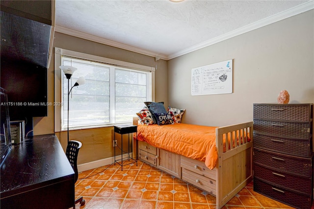 bedroom with light tile patterned floors, baseboards, a textured ceiling, and crown molding