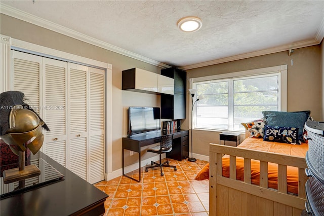 bedroom with crown molding, baseboards, a closet, light tile patterned flooring, and a textured ceiling