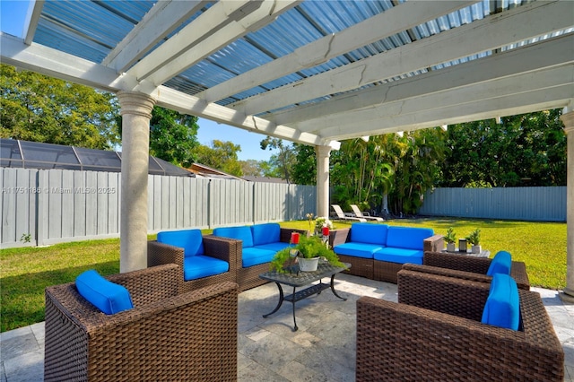 view of patio / terrace with an outdoor hangout area and a fenced backyard