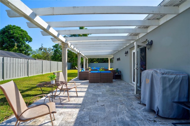 view of patio / terrace featuring an outdoor living space, area for grilling, a fenced backyard, and a pergola