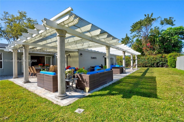 view of yard with an outdoor living space, a pergola, and a patio