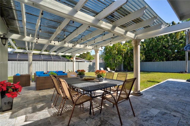 view of patio / terrace with a fenced backyard, outdoor dining space, outdoor lounge area, and a pergola