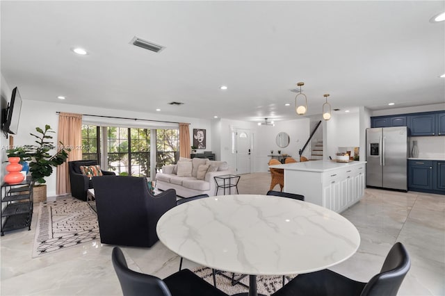 dining room featuring stairs, marble finish floor, visible vents, and recessed lighting