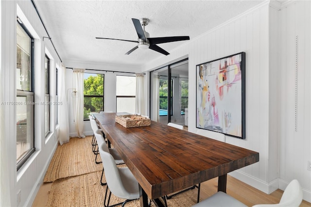 dining space featuring light wood-style flooring, a textured ceiling, and baseboards