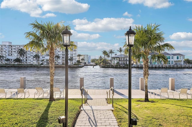 water view featuring a dock