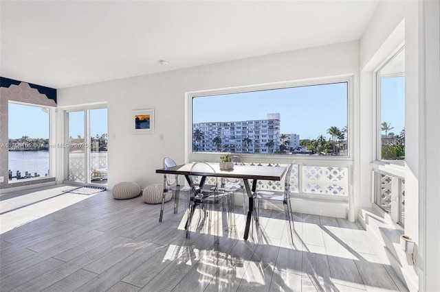 dining space featuring a view of city, a wealth of natural light, and wood finished floors