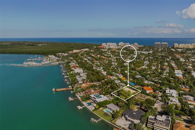 drone / aerial view featuring a water view