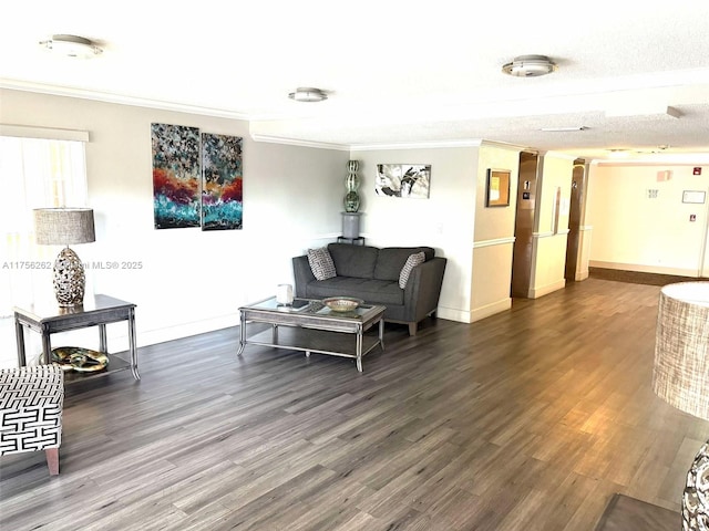 living area with baseboards, ornamental molding, and wood finished floors