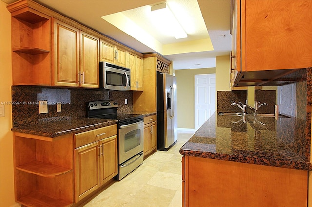 kitchen featuring appliances with stainless steel finishes, open shelves, a sink, and a raised ceiling