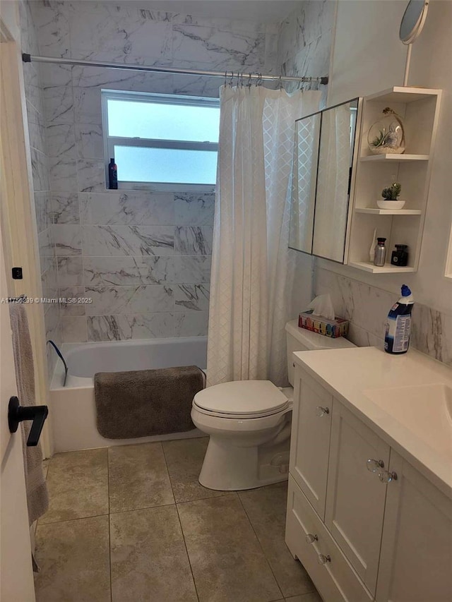 bathroom with shower / bath combination with curtain, vanity, and toilet