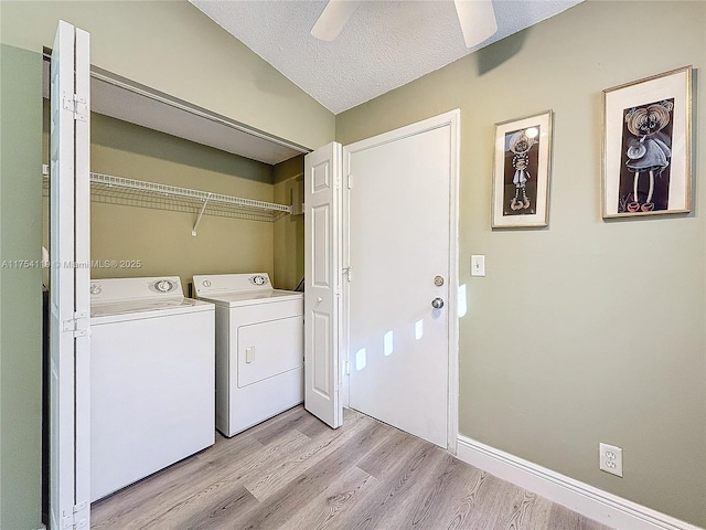139 Sausalito Dr, Boynton Beach, FL 33436 - laundry area featuring laundry area, light wood finished floors, ceiling fan, a textured ceiling, and washing machine and dryer