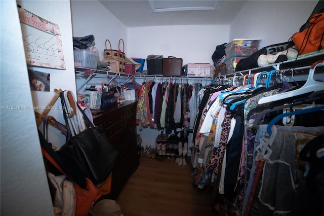 walk in closet featuring wood finished floors and attic access
