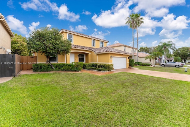 view of front of house featuring a garage, fence, concrete driveway, stucco siding, and a front lawn