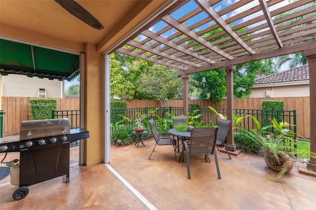 view of patio / terrace with outdoor dining space, fence, a grill, and a pergola