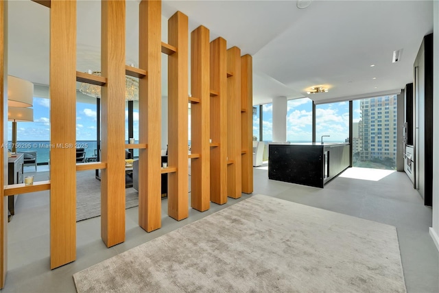 interior space featuring a wall of windows, concrete floors, and a sink