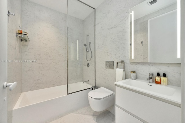 full bath with shower / bath combination, visible vents, toilet, marble finish floor, and vanity