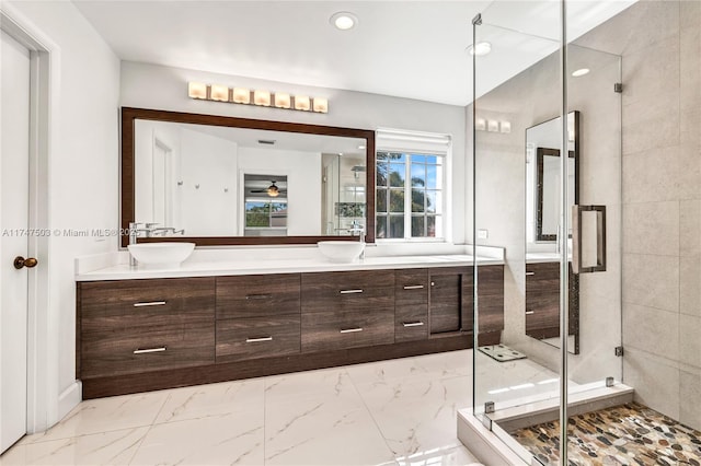 4471 Foxtail Ln, Weston, FL 33331 - full bath featuring marble look tiles, double vanity, a stall shower, recessed lighting, and ceiling fan