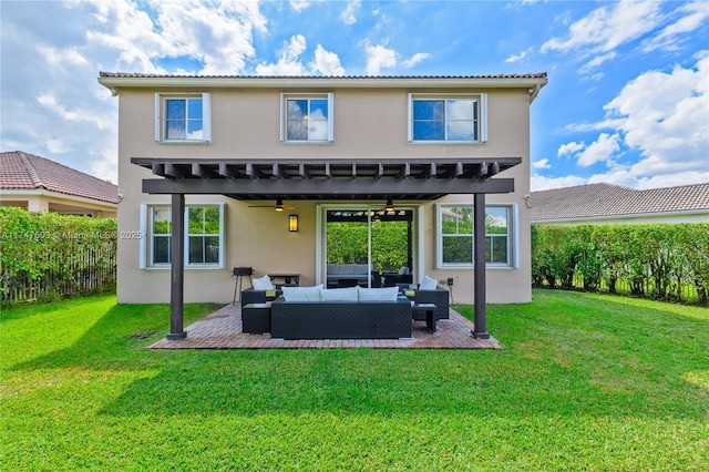 4471 Foxtail Ln, Weston, FL 33331 - rear view of property with stucco siding, an outdoor hangout area, a ceiling fan, and a lawn