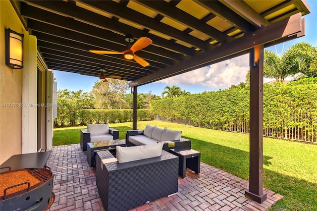 4471 Foxtail Ln, Weston, FL 33331 - view of patio / terrace featuring a ceiling fan, outdoor lounge area, and a fenced backyard