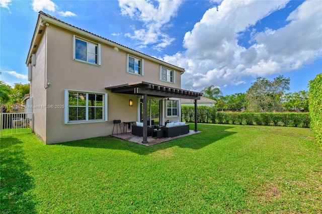 4471 Foxtail Ln, Weston, FL 33331 - back of property featuring a yard, stucco siding, a fenced backyard, an outdoor hangout area, and a patio area