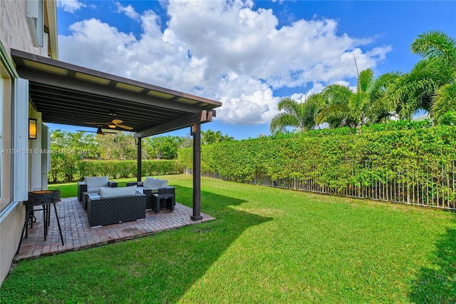 4471 Foxtail Ln, Weston, FL 33331 - fenced backyard featuring an outdoor living space, a patio, ceiling fan, and agricultural plots