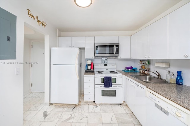 kitchen with electric panel, marble finish floor, white appliances, and a sink