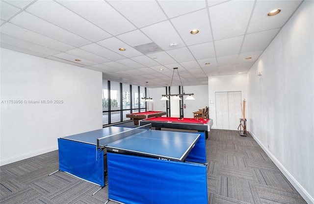 rec room featuring baseboards, recessed lighting, a paneled ceiling, dark colored carpet, and billiards